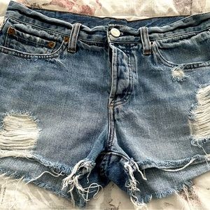 BDG Urban Outfitters Tomgirl distressed blue button fly cotton shorts, size 26”